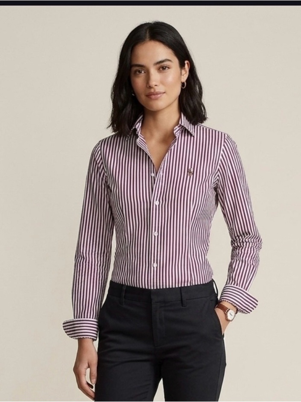 Ralph Lauren Burgundy and White Striped Slim Stretch Button-Down Shirt